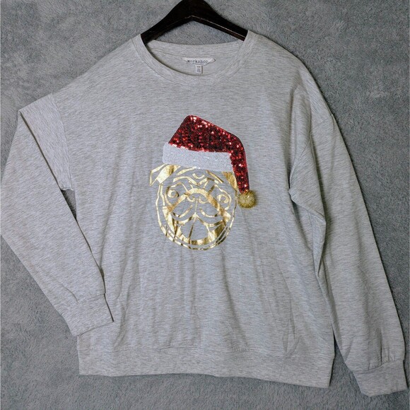 Workshop Republic Clothing Tops - NWT Gray Sequin Santa Pug Sweatshirt Size Medium Christmas Cute Graphic Gold